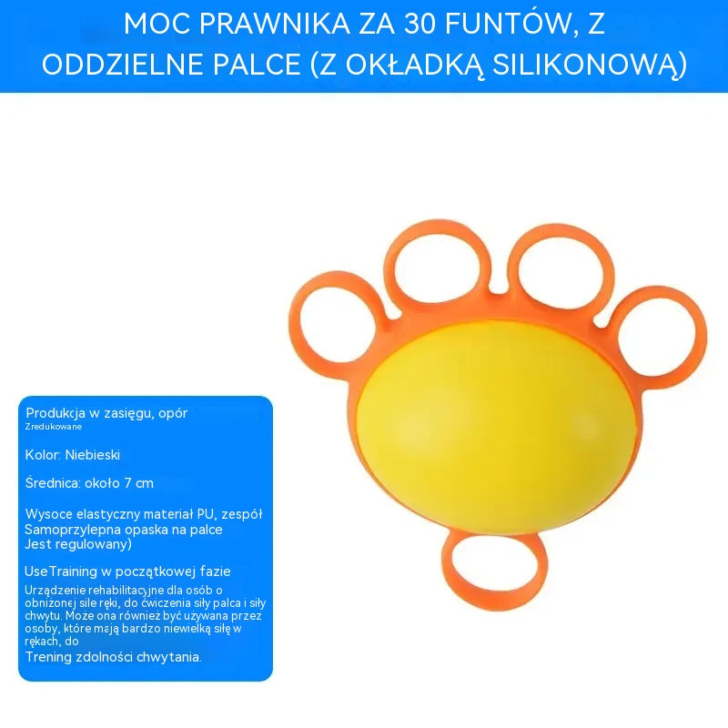 Piłka ortopedyczna do rehabilitacji dłoni i palców z pierścieniami stabilizującymi, przyrząd do treningu siły i sprawności ruchowej dla seniorów oraz osób po udarze.